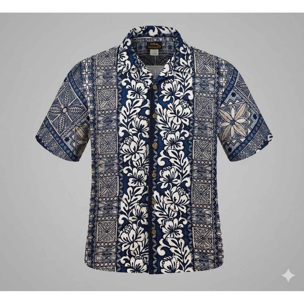 ODO Vintage Men's Blue Floral Print Hawaiian Short Sleeve Casual Shirt. Size L